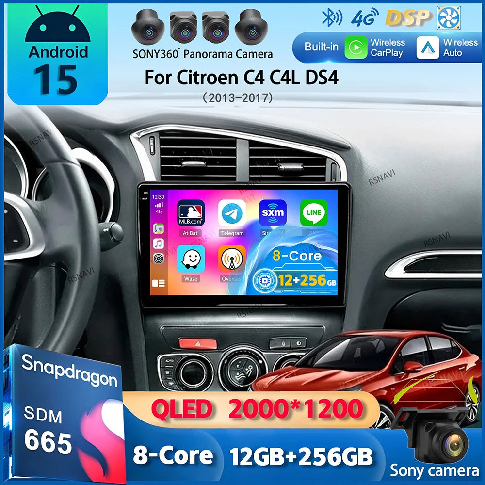 Android 15 Carplay DSP WIF + 4G autoradio GPS lecteur multimédia pour citroën C4 C4L DS4 2013 2014 2015 2016 2017 caméra stéréo 360