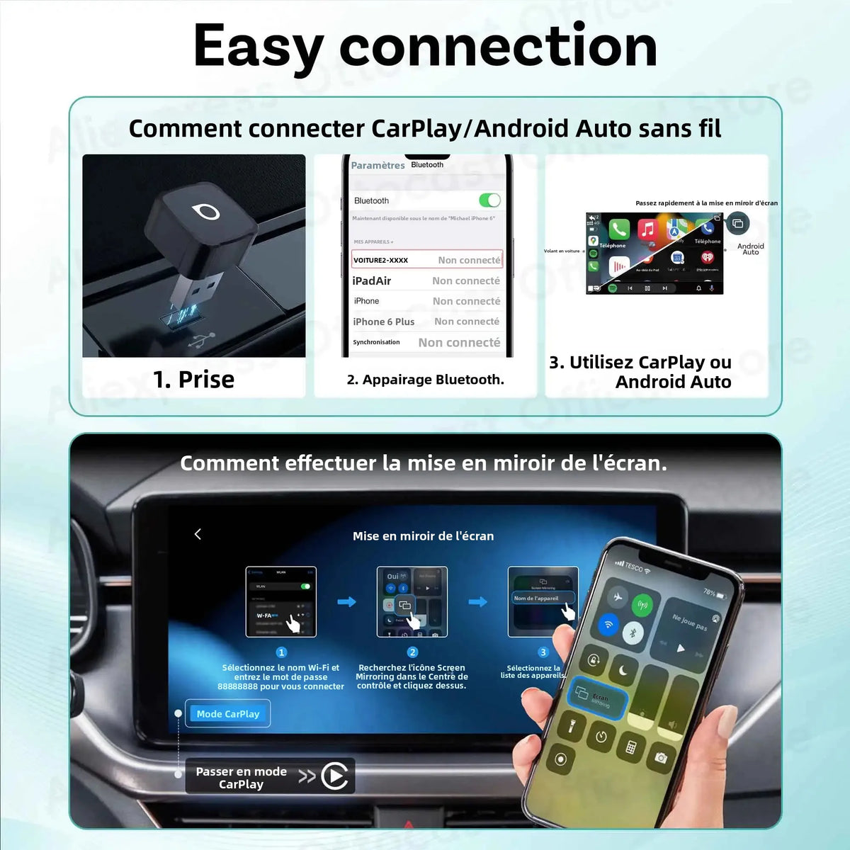 Adaptateur Cube 3-en-1 OTTOCAST Express MINI AIR 4.0 sans fil CarPlay Android Auto pour iOS, Mise en Miroir d'Écran, Accessoires Auto 2026