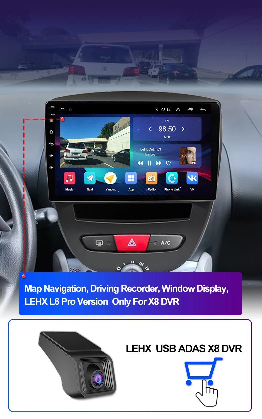 LEHX-Autoradio L6 Pro, Android 14, 2 Din, Stéréo, CarPlay, Limitation de Courant, GPS, pour Voiture KIT 107, Toyota Aygo, Cristaux en C1 (2005-2014)