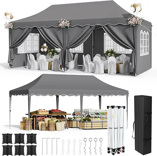 Auvent Pop up de 10 × 20 pieds, grand abri de tente instantanée commerciale pour mariage, abri solaire facile pour fête avec fenêtres et murs latéraux, transport B