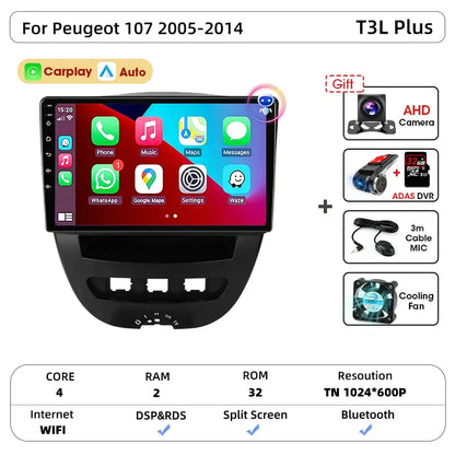 Srnubi autoradio pour Peugeot 107 Toyota Aygo citroën C1 2005-2014 sans fil Carplay Android Auto lecteur multimédia de voiture 2 Din