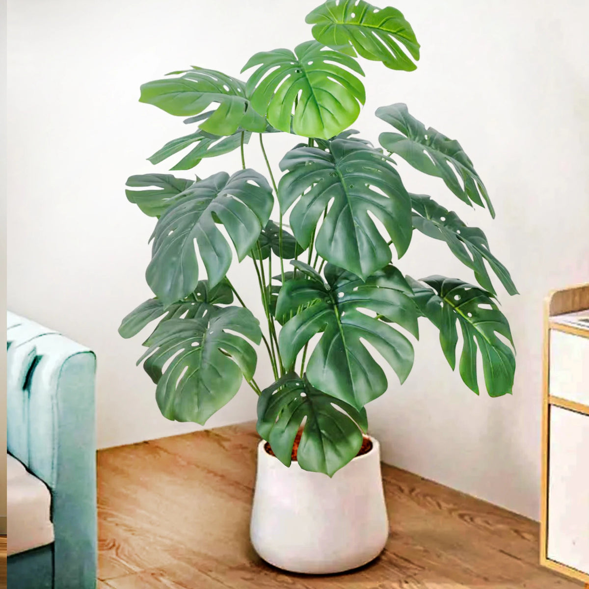 ورقة Monstera اصطناعية بلاستيكية، نبات مزيف للزينة بوعاء، مناسبة لديكور المنزل، 60-100 سم