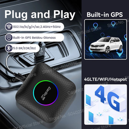 2026 NOUVEAU CarlinKit Android 13 TV Box LED 8 Go + 128 Go SM6225 8-Core CarPlay sans fil Android Auto Adaptateur USB sans fil Prise en charge Netflix IPTV YouTube Tiktok Spotify GPS 4 Go + 64 Go