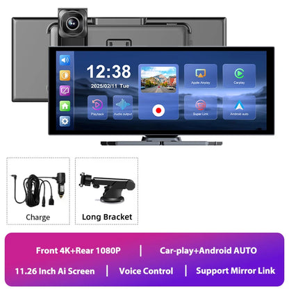 Jansite Portable 11.26 pouces 4K DVR sans fil CarPlay et Android Auto Dash Cam écran de voiture enregistreur vidéo 5G WIFI Navigation
