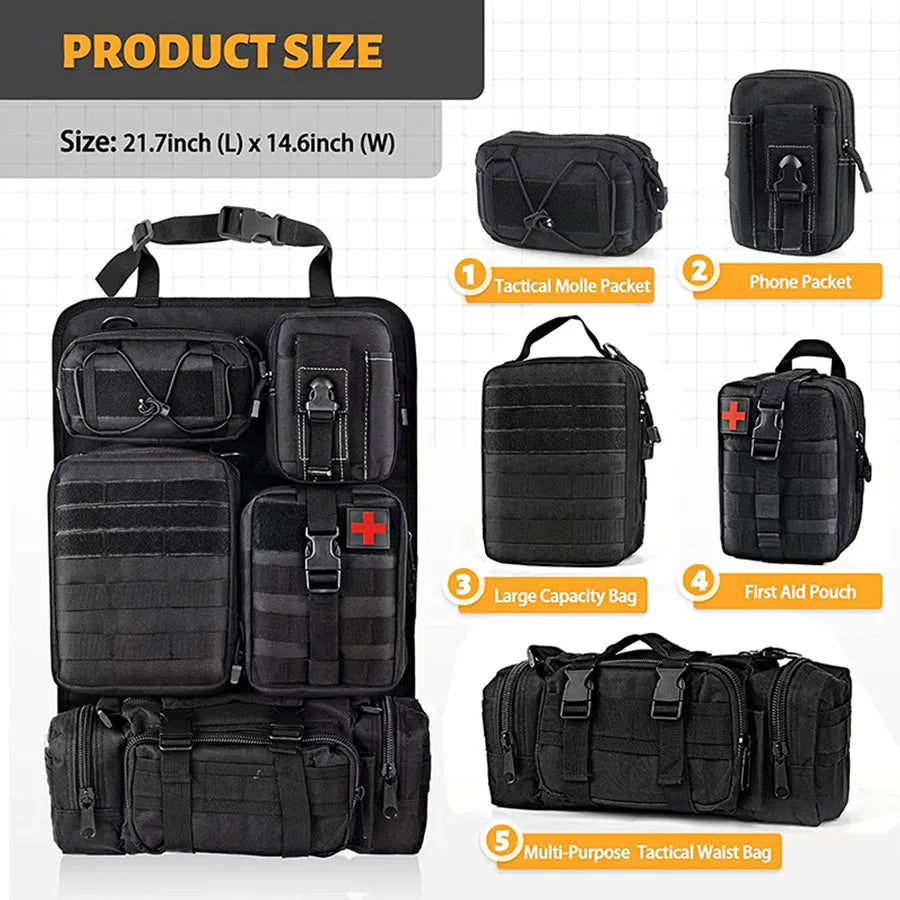 Organisateur de rangement suspendu tactique multifonction de haute qualité, 55x37CM, 600D, 6 pièces en 1, pour siège arrière de voiture