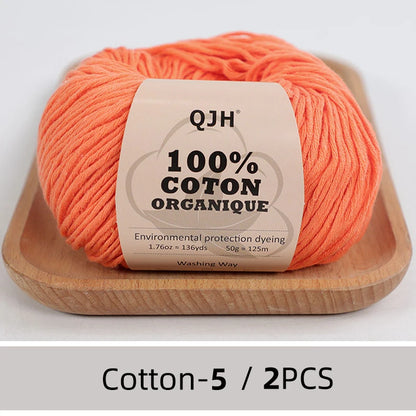 QJH Fil 100% coton biologique, fil pour tricoter, crochet et artisanat, paquet de 2 - 1,76 oz/136 mètres/1 pièce, léger, Dk