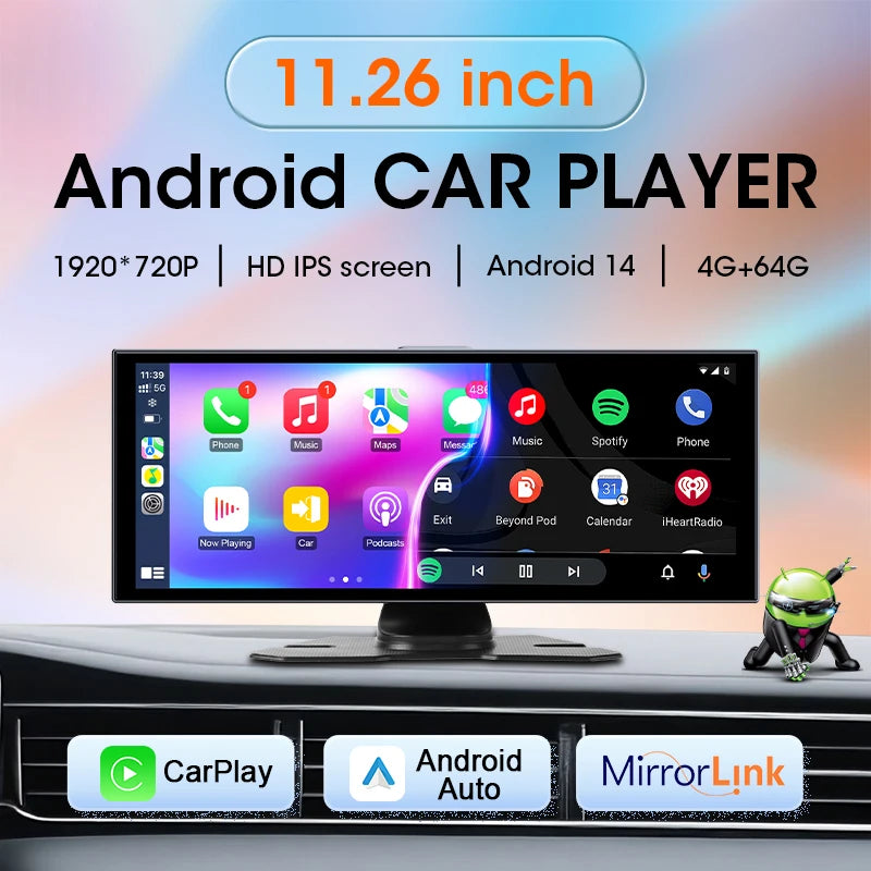 11.26 pouces Android 14 voiture DVR 4G + WIFI 8 cœurs 4G + 64G sans fil Carplay Android Auto Dashcam 1080P enregistrement prise en charge Youtube Netflix