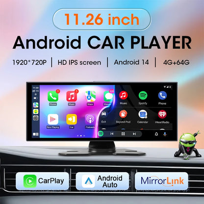 11.26 pouces Android 14 voiture DVR 4G + WIFI 8 cœurs 4G + 64G sans fil Carplay Android Auto Dashcam 1080P enregistrement prise en charge Youtube Netflix
