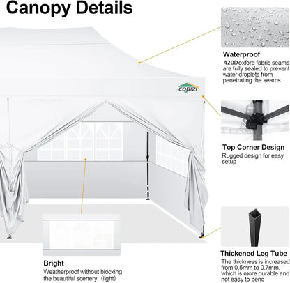 Tente Pop-Up 10x20 pieds avec 6 parois latérales, sac de transport, roulettes, blanche, imperméable, robuste, pour événements commerciaux, fêtes en extérieur, jardin, gazebo