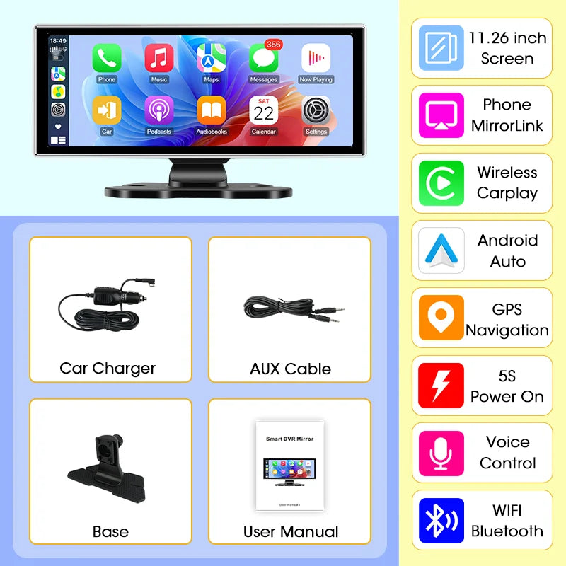 Systèmes intelligents de voiture de 11.26 pouces, lecteur vidéo multimédia, autoradio Portable, sans fil, CarPlay, Android, accessoires d'écran automatique