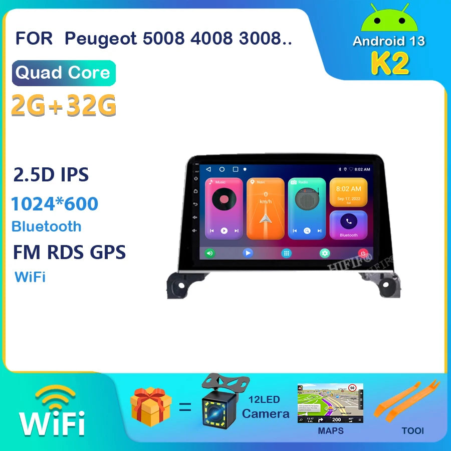 Autoradio Android, WIFI, FM, GPS, Stéréo, 2 DIN, Unité Centrale avec Cadre, pour Voiture KIT 5008, 4008, 3008, 2017, 2018, 2019, 2020