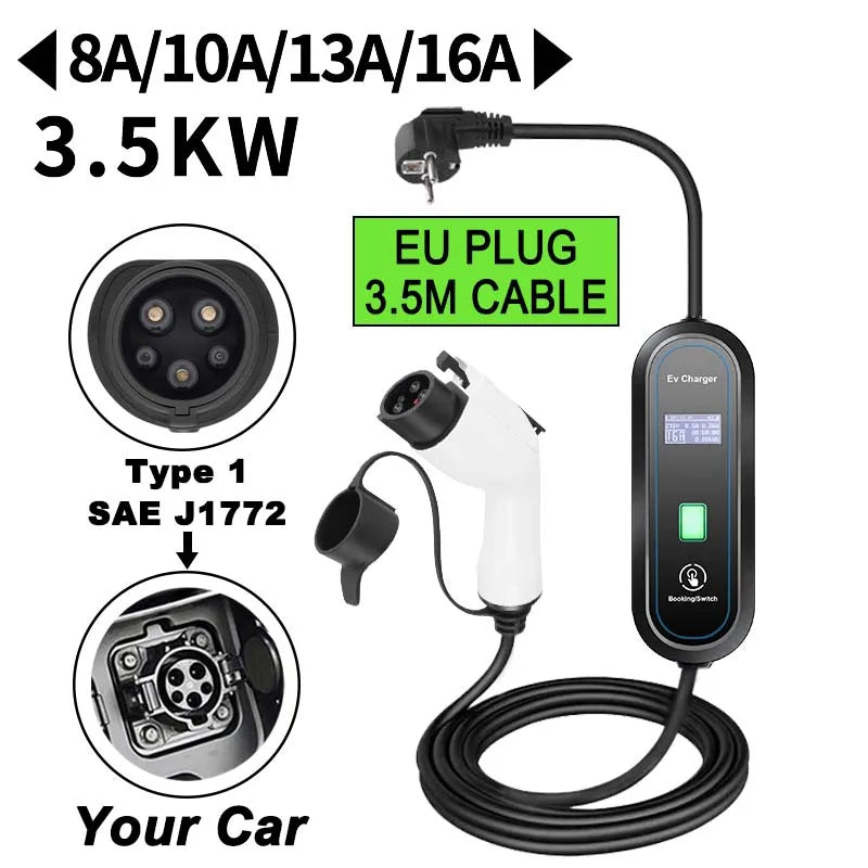 Teschev-Chargeur EV Portable pour Voiture Électrique, Boîtier de Charge EVSE Type 2, Niveau 2, J1772 Vope1, 3,5 KW, 16A