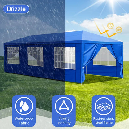 Tente de réception extérieure bleue 10x30 pieds (900x300 cm) en tissu PE imperméable avec structure en acier et 8 parois latérales amovibles avec fenêtres, capacité 50 personnes
