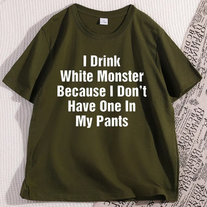 تي شيرت رجالي "I Drink White Monster" ملابس قطنية بأكمام قصيرة تي شيرت مضحك رسومات ملابس الشارع قطن ملابس كبيرة الحجم