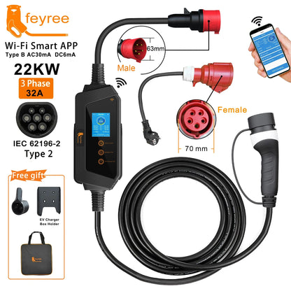 Feyree 22KW 32A ثلاثي الأطوار من النوع 2 شاحن سيارة كهربائية محمول Wi-Fi تحكم عبر التطبيق EVSE صندوق شحن محطة شحن لشاحن السيارة الكهربائية