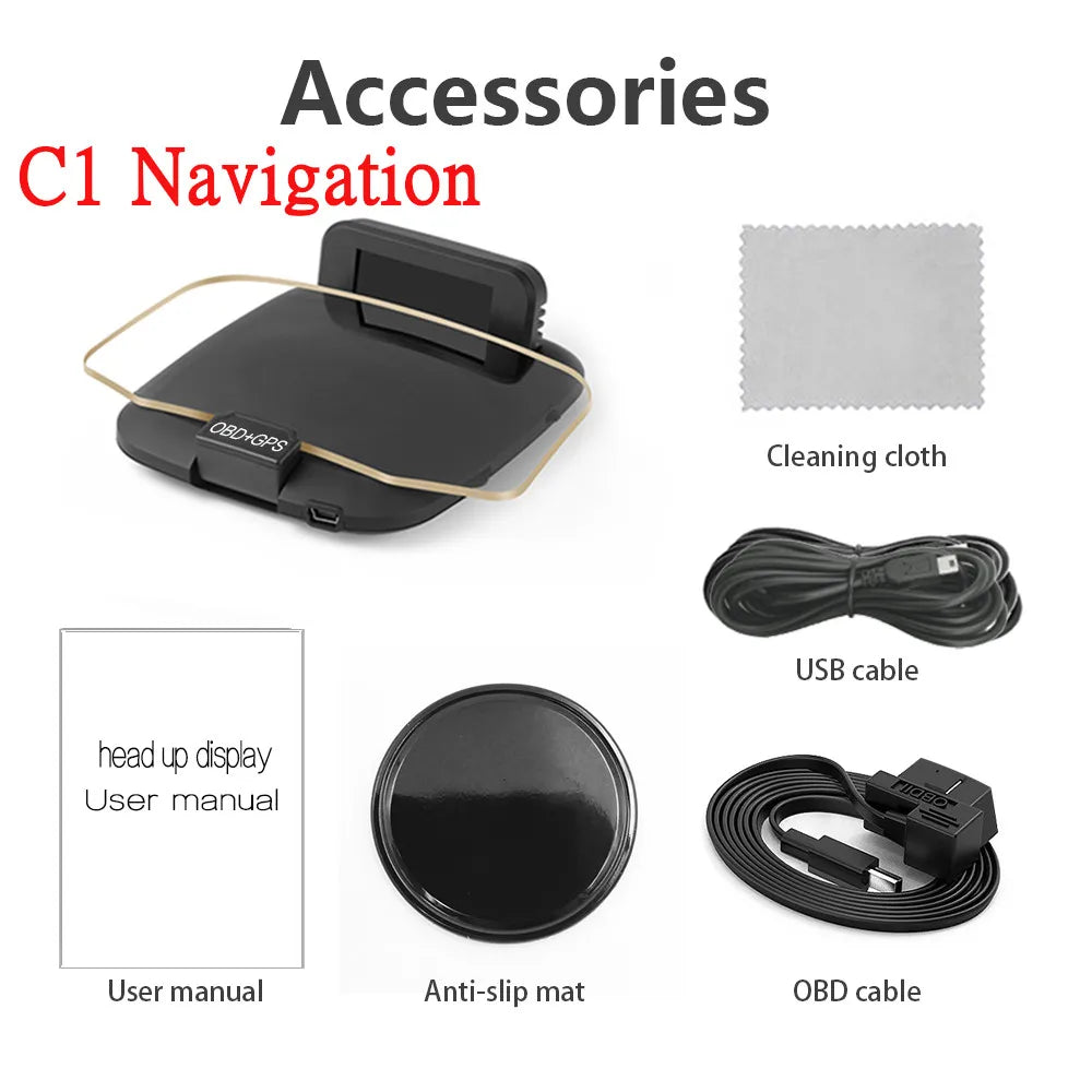 C1 Projection de Navigation de voiture HUD affichage tête haute OBD2 + GPS projecteur de voiture compteur de vitesse/température de l'eau/tension/alarme tr/min
