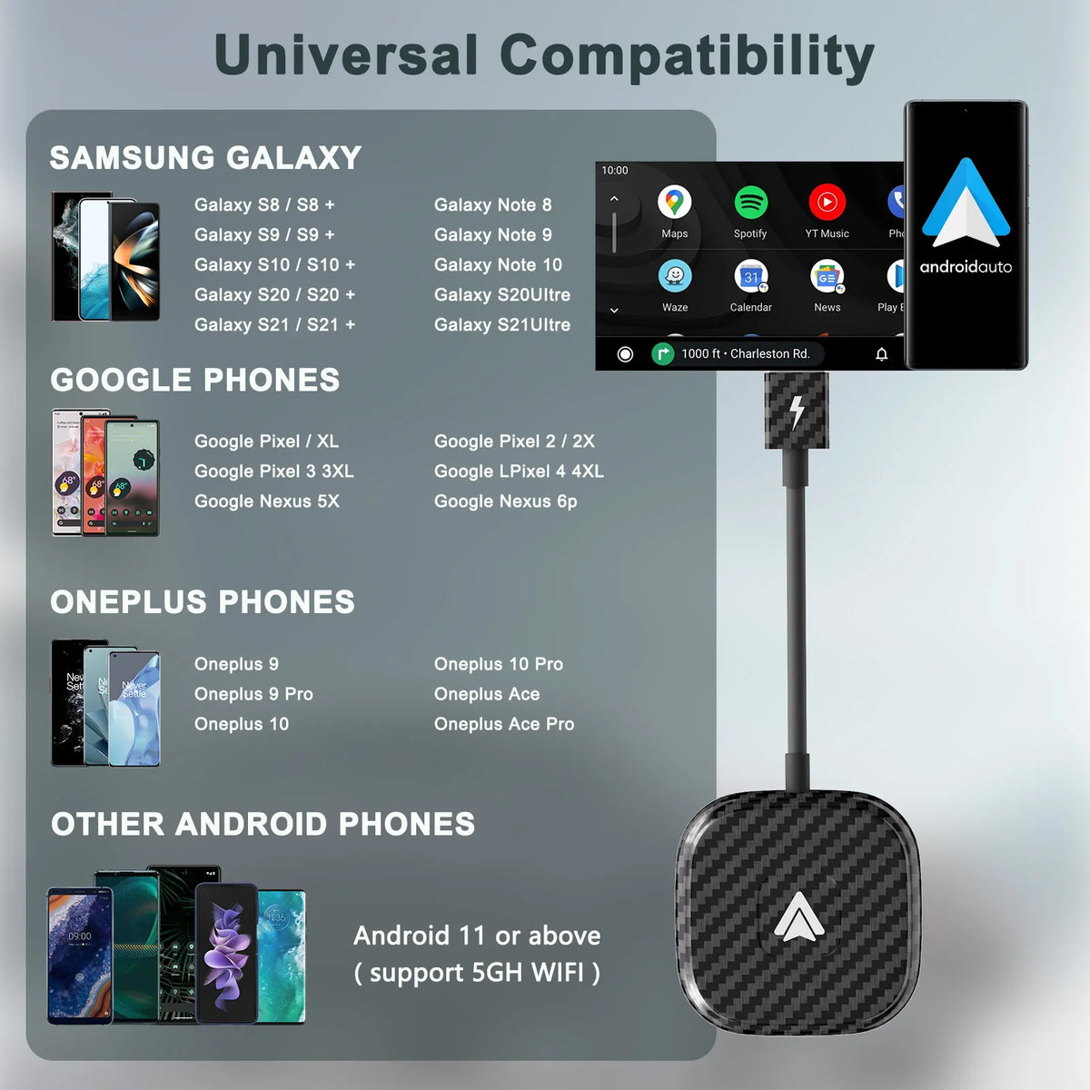 Adaptateur de voiture Android Auto sans fil, Dongle Carplay sans fil, conversion filaire en sans fil pour Android/iPhone Plug and Play
