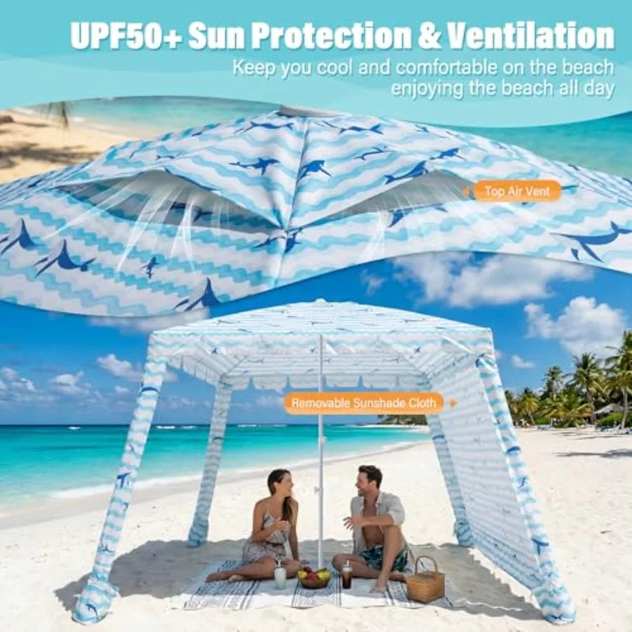 Cabane de plage - Tonnelle de plage 6FT/8FT avec paroi latérale, installation facile, abri solaire, tente imperméable - Abri portable pour toute la famille