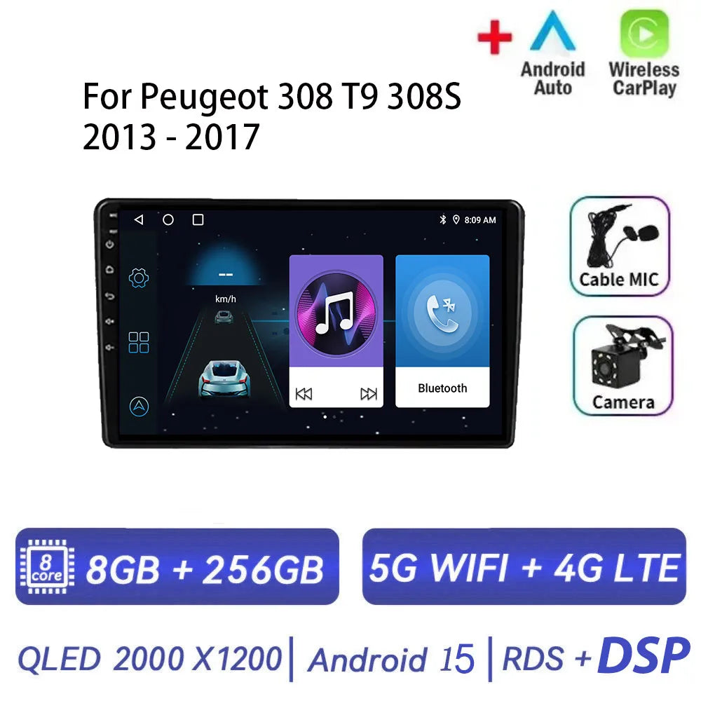 Android 15 pour Peugeot 308 T9 308S 2013 - 2017 Auto stéréo autoradio lecteur multimédia Navigation GPS 4G WIFI sans fil Carplay