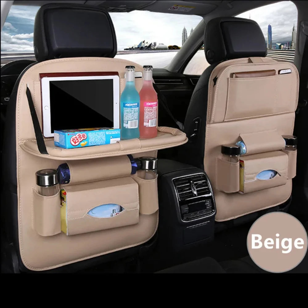 Organisateur de dossier de siège de voiture avec plateau de Table pliable, organisateur de rangement en cuir PU, poches, tapis de coup de pied, accessoires d'intérieur de siège