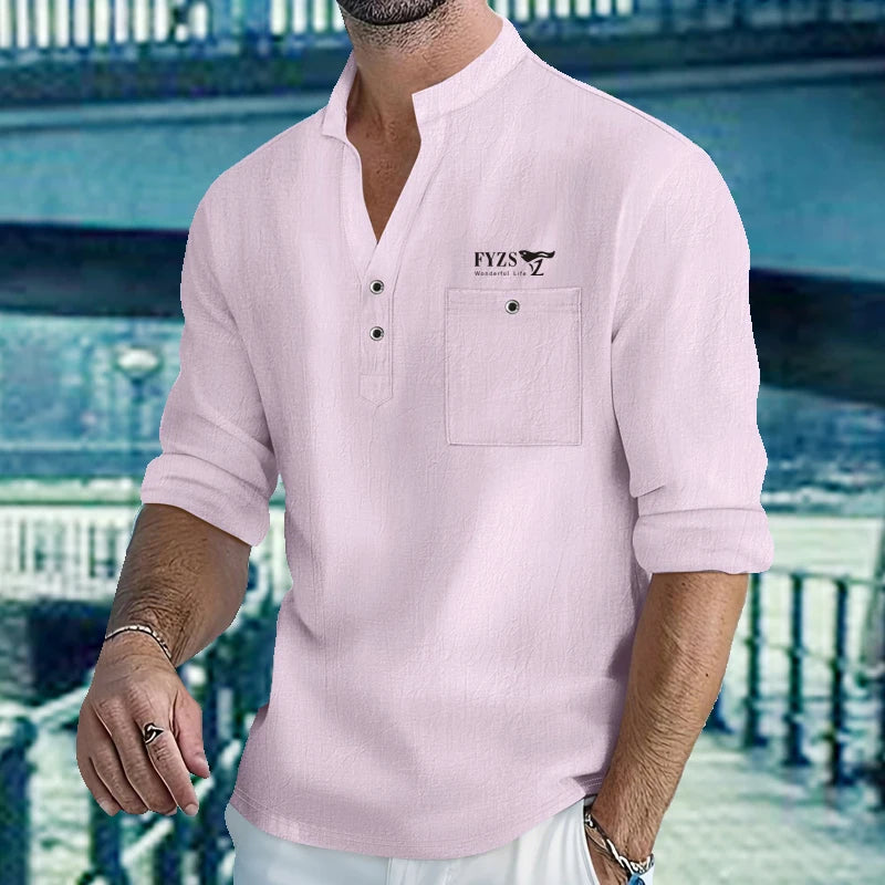 Chemises légères pour hommes, manches longues, en coton et lin, Henley, pour la plage, hawaïen, col en v, polo respirant