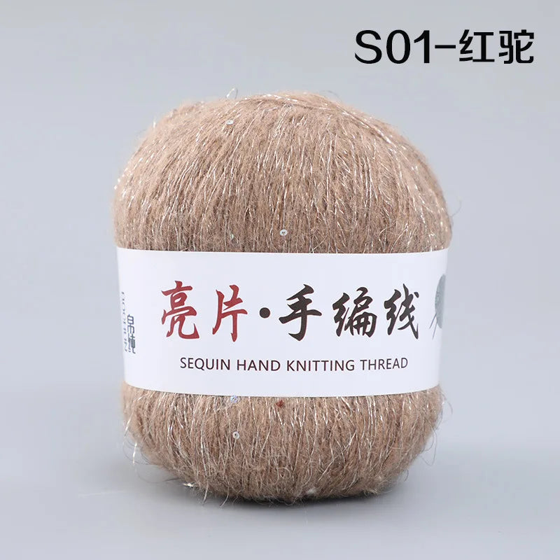 Fil de mohair de dentelle avec paillettes, fil de boucle de crochet, paillettes brillantes, pull de bricolage, 150g, 50G * 3