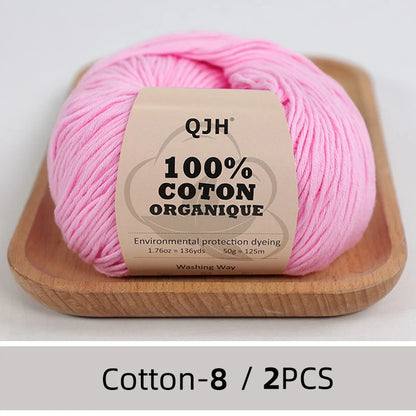 QJH Fil 100% coton biologique, fil pour tricoter, crochet et artisanat, paquet de 2 - 1,76 oz/136 mètres/1 pièce, léger, Dk