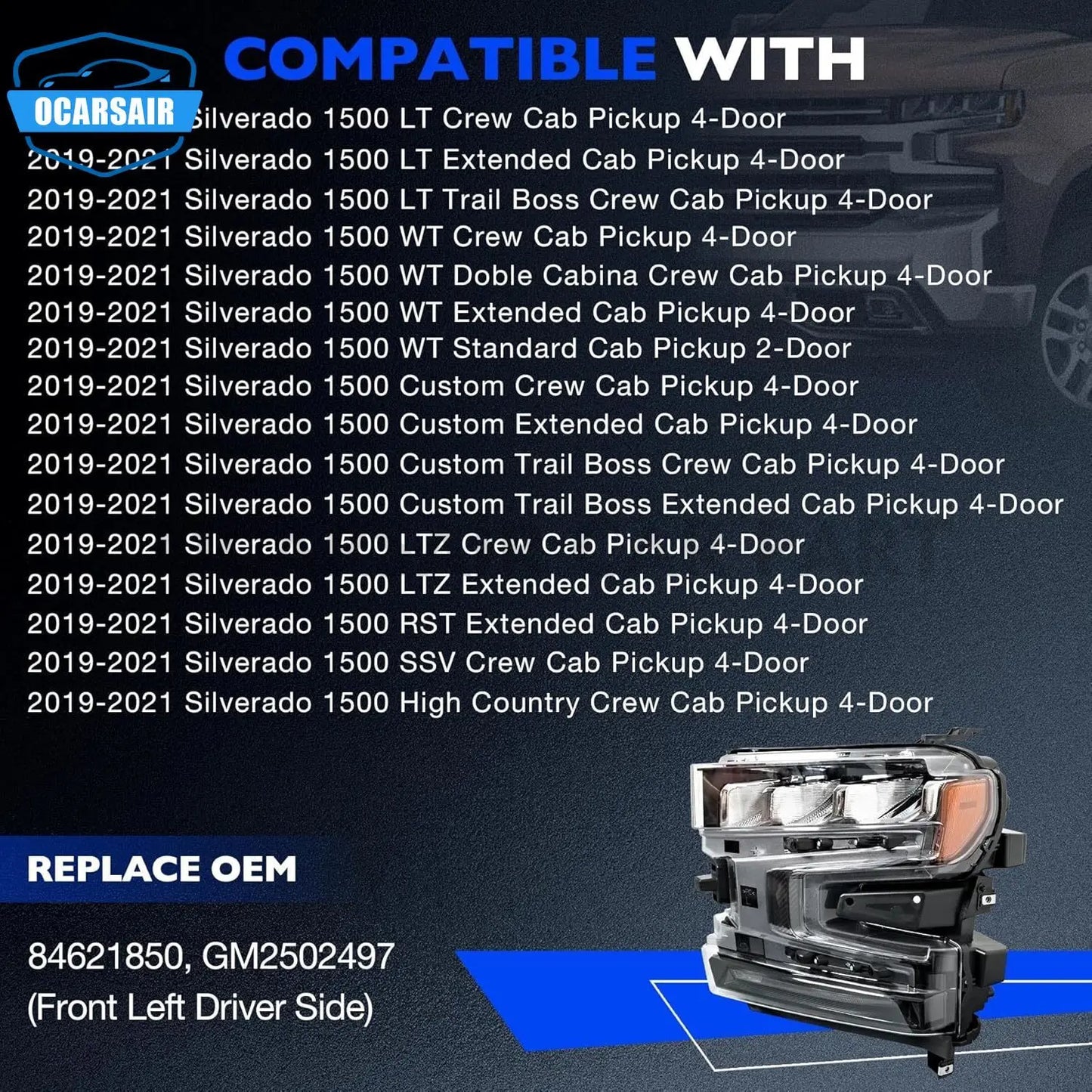 Ensemble de phares LED gauche/droite, 1 pièce, pour Chevrolet Silverado 1500 2019 – 2021, avec clignotants halogènes 84621850 84621851