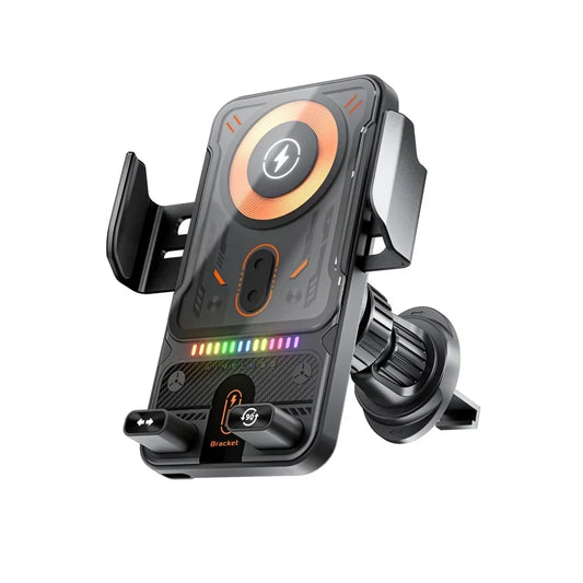 Télescopique électrique à détection automatique 360 °   Support de chargeur sans fil universel rotatif pour voiture, 15W, lumière ambiante pour iPhone/Samsung/Xiaomi