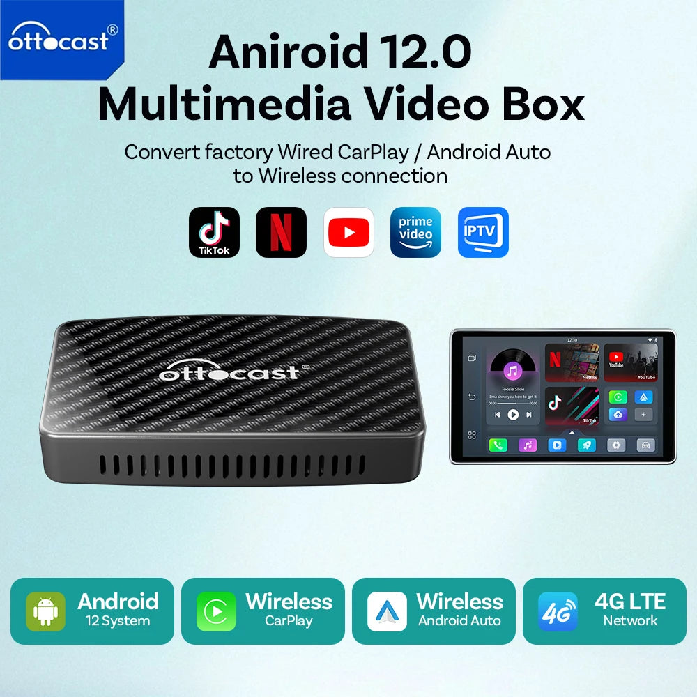 OTTOCAST Play2 vidéo Pro Carplay Ai Box adaptateur automatique Android sans fil intégré Youtube Netflix pour VW Benz Ford 99% de voitures