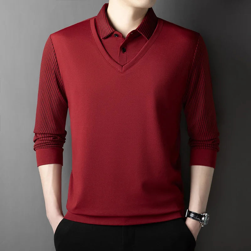 Polo à manches longues pour hommes, décontracté et à la mode, couleur unie, faux deux pièces, Business, toutes saisons, haut polyvalent, nouvelle collection 2025