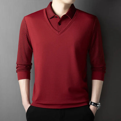 Polo à manches longues pour hommes, décontracté et à la mode, couleur unie, faux deux pièces, Business, toutes saisons, haut polyvalent, nouvelle collection 2025