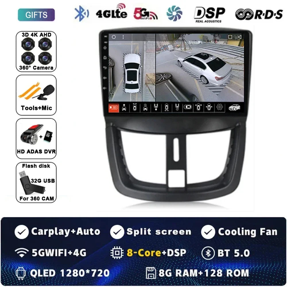 Autoradio Android 15 pour Peugeot 207 CC 207CC 2006 - 2015 sans fil Carplay Android Auto stéréo lecteur multimédia WiFi 4G 2 Din