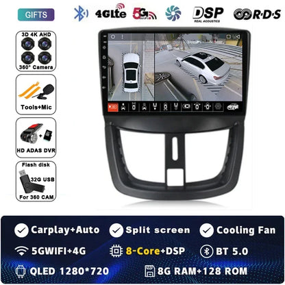 Autoradio Android 15 pour Peugeot 207 CC 207CC 2006 - 2015 sans fil Carplay Android Auto stéréo lecteur multimédia WiFi 4G 2 Din