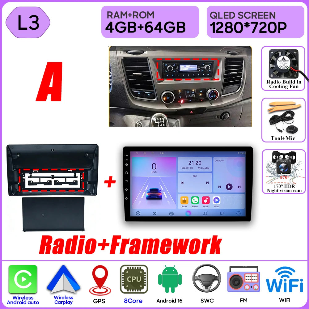 Autoradio Android 16 pour Ford Transit personnalisé Transit V363 350 lecteur multimédia Carplay Navigation GPS 4G Wifi vidéo stéréo 2din