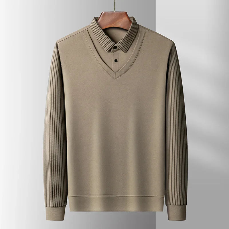 Polo à manches longues pour hommes, décontracté et à la mode, couleur unie, faux deux pièces, Business, toutes saisons, haut polyvalent, nouvelle collection 2025