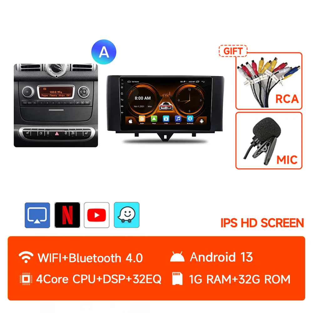 JIUYIN-Autoradio TS18 AI Voice Wireless CarPlay Android Auto Radio pour Smart Fortwo 451, 2005-2010, 4G, GPS, 2Din, Limitation de la voiture