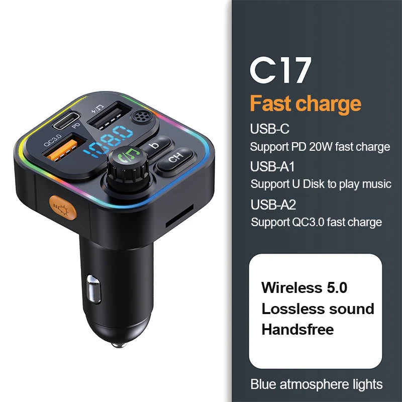 Transmetteur FM Bluetooth 5.0, modulateur d'autoradio mains libres, lecteur MP3 avec adaptateur de Charge USB Super rapide 22.5W pour voiture