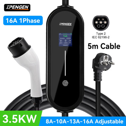IPENGEN – chargeur EV Portable 3,5 kw, câble de 5M, connecteur Type2 IEC62196/ GB/T 16A, 1 phase, Type 1, boîte murale de chargement pour véhicule électrique