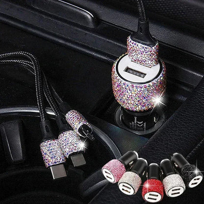 Chargeur de voiture USB rose cristal diamant 5V 2,1 a, double Port, adaptateur de charge rapide, câble 3 en 1 pour IPhone Samsung Huawei