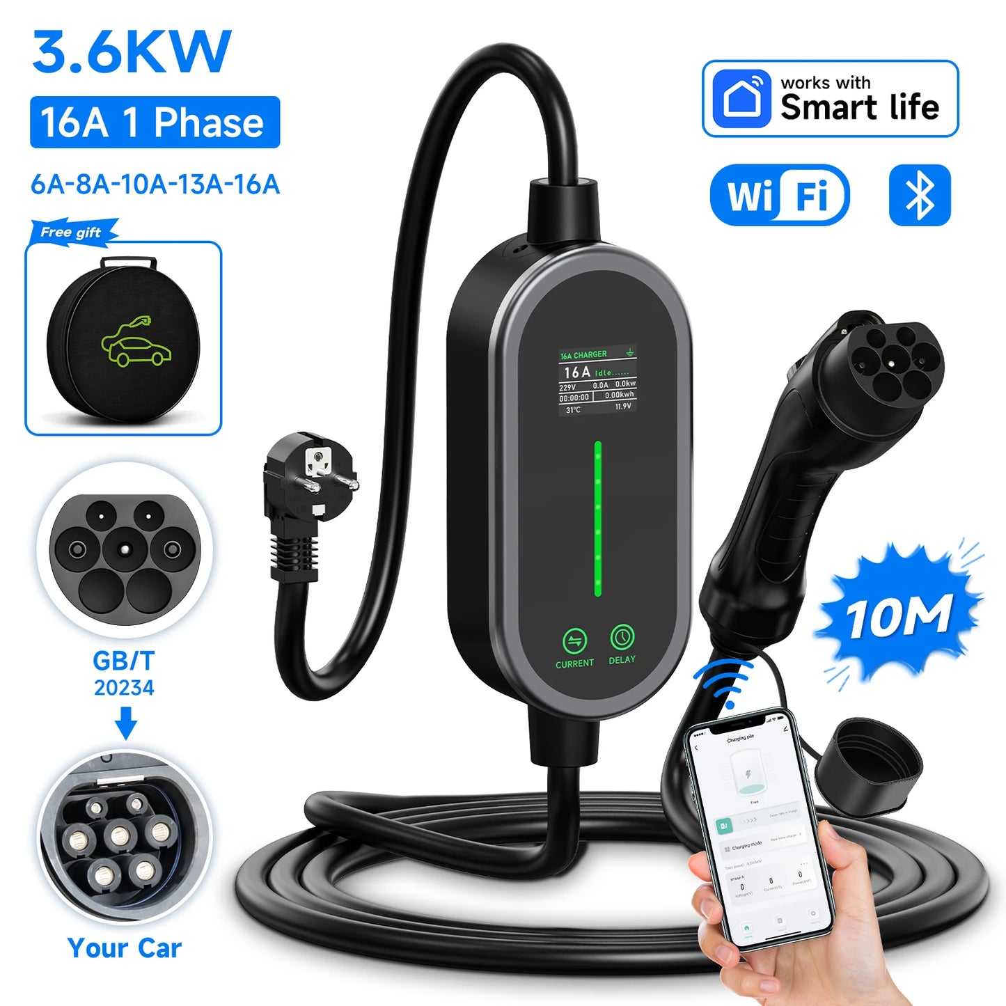 شاحن سيارات كهربائية محمول AFYEEV 3600 واط نوع 2 IEC62196-2 شاحن سيارات كهربائية نوع 1 SAE J1772 كابل شحن GBT EVSE صندوق حائط بقابس الاتحاد الأوروبي