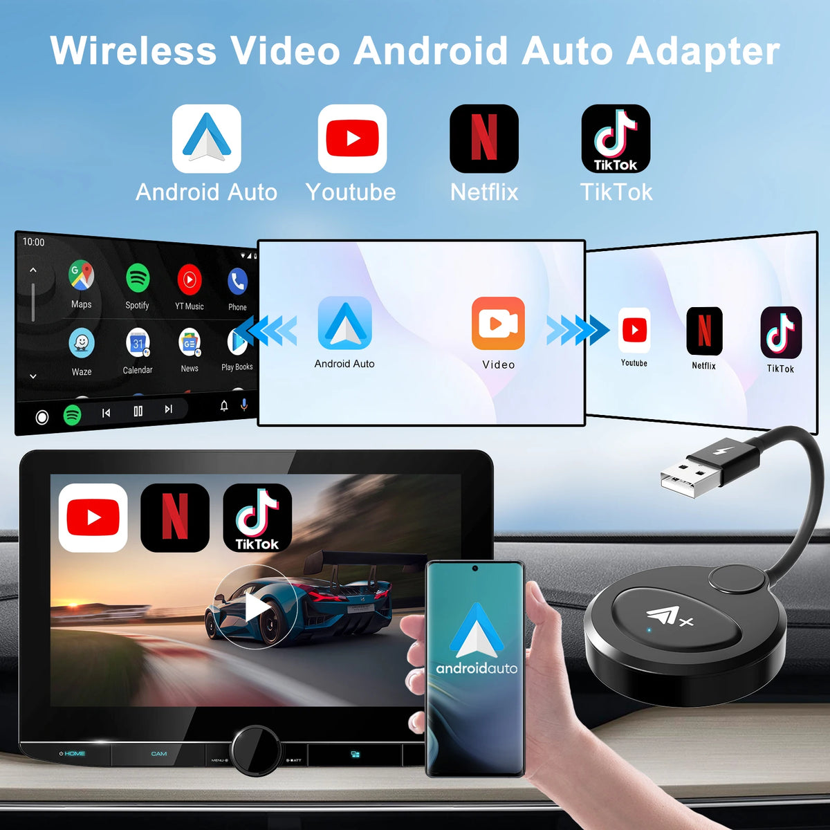 Adaptateur vidéo sans fil Android Auto, Carplay, avec Netflix/YouTube/TikTok, pour voitures Android sans fil OEM