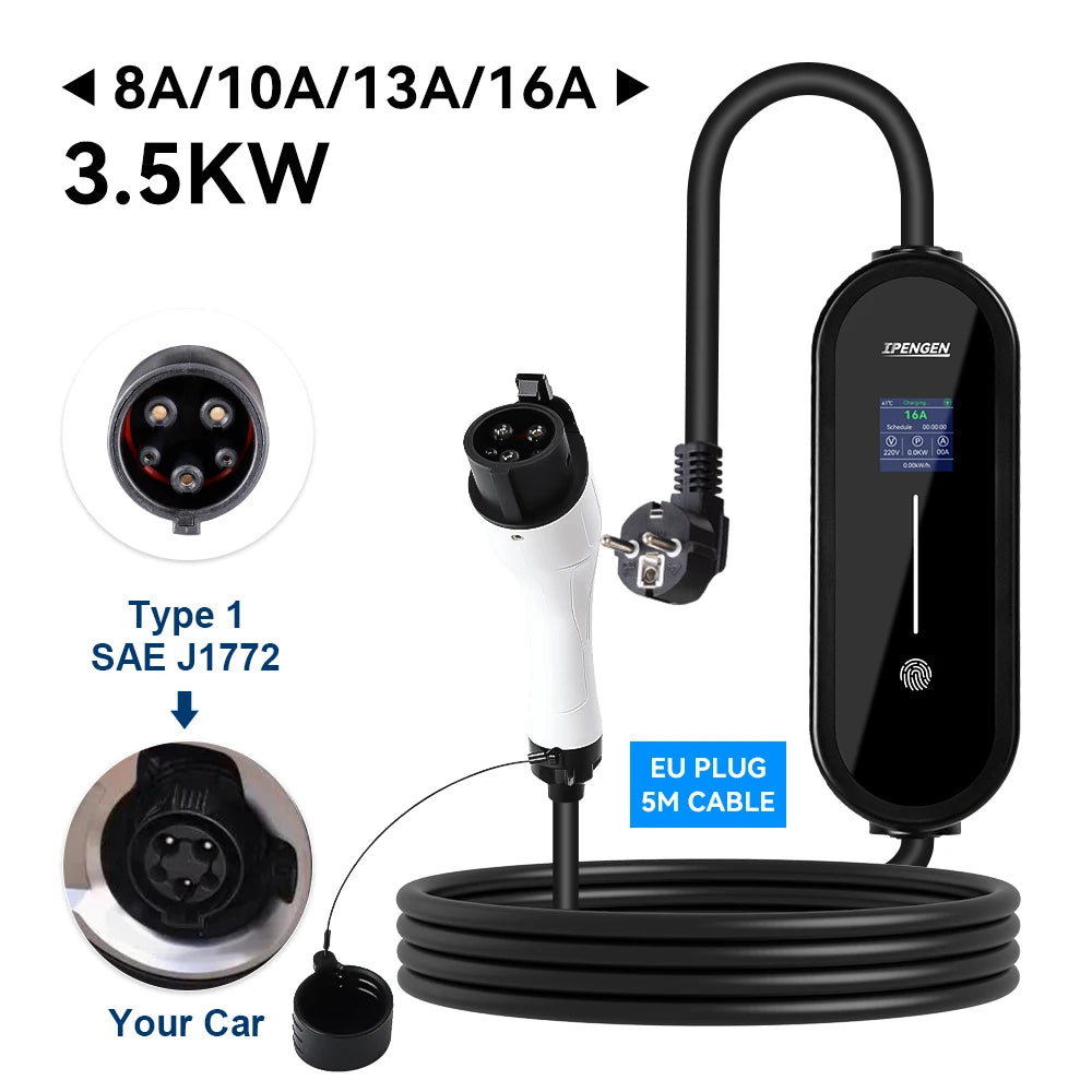 IPENGEN – chargeur EV Portable 3,5 kw, câble de 5M, connecteur Type2 IEC62196/ GB/T 16A, 1 phase, Type 1, boîte murale de chargement pour véhicule électrique