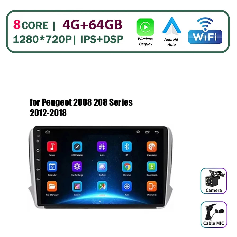Autoradio multimédia Android 16 pour Peugeot 2008 208 Série 2012-2018 Lecteur Navigation GPS CarPlay sans fil Radio DVD Unité principale