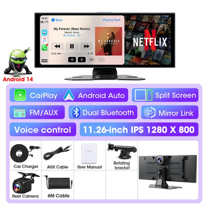 Develuck 11.26 "Android 14 voiture DVR 4G + 64G caméra enregistreur 1080P Dashcam Carplay Android Auto pour Youtube Netflix Assistant vocal