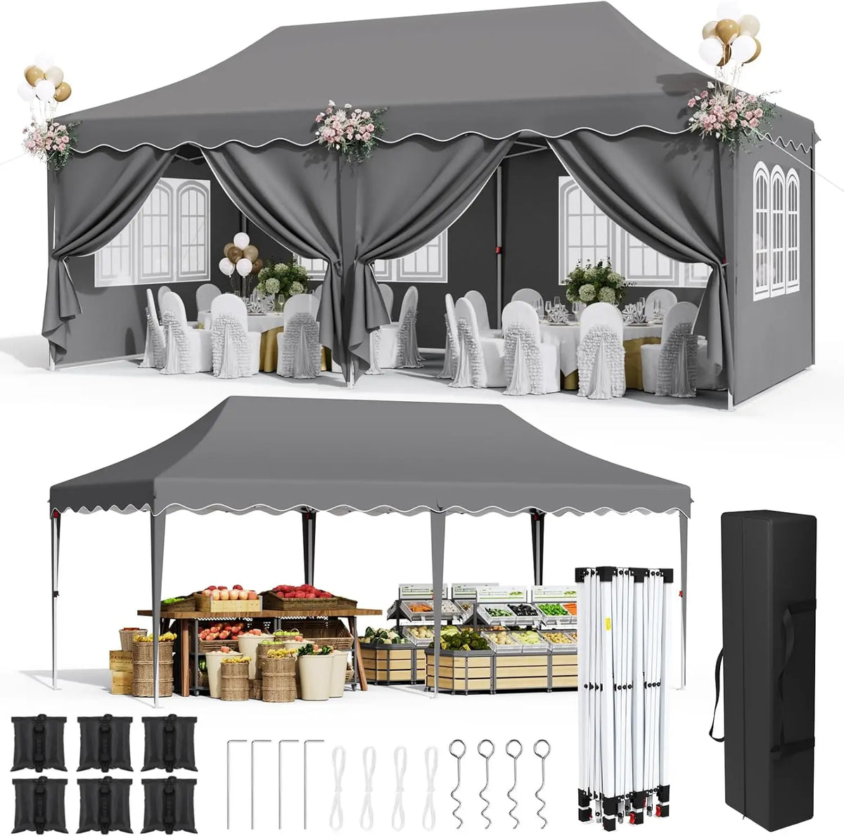 Auvent Pop up de 10 × 20 pieds, grand abri de tente instantanée commerciale pour mariage, abri solaire facile pour fête avec fenêtres et murs latéraux, transport B