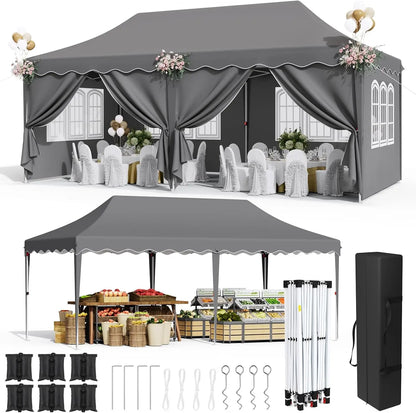 Auvent Pop up de 10 × 20 pieds, grand abri de tente instantanée commerciale pour mariage, abri solaire facile pour fête avec fenêtres et murs latéraux, transport B