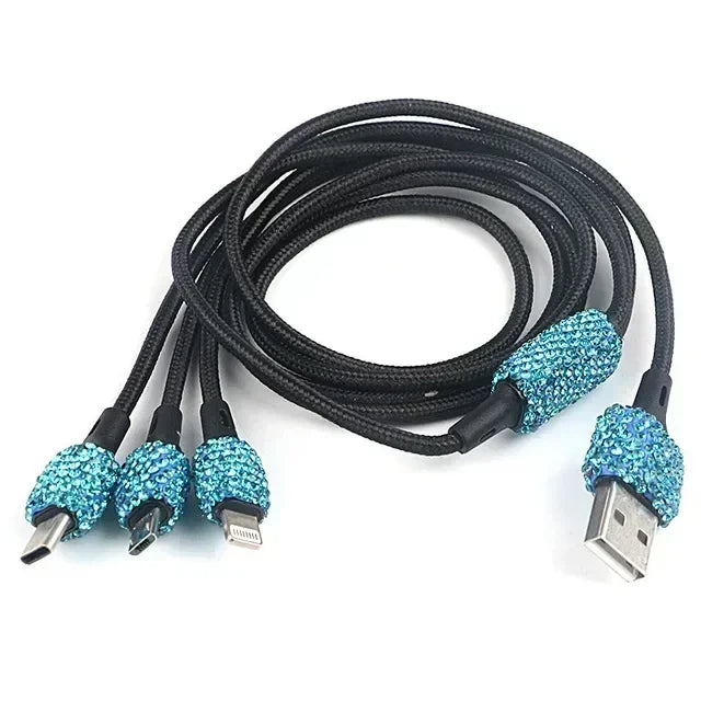 Chargeur de voiture USB rose cristal diamant 5V 2,1 a, double Port, adaptateur de charge rapide, câble 3 en 1 pour IPhone Samsung Huawei