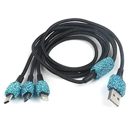 Chargeur de voiture USB rose cristal diamant 5V 2,1 a, double Port, adaptateur de charge rapide, câble 3 en 1 pour IPhone Samsung Huawei