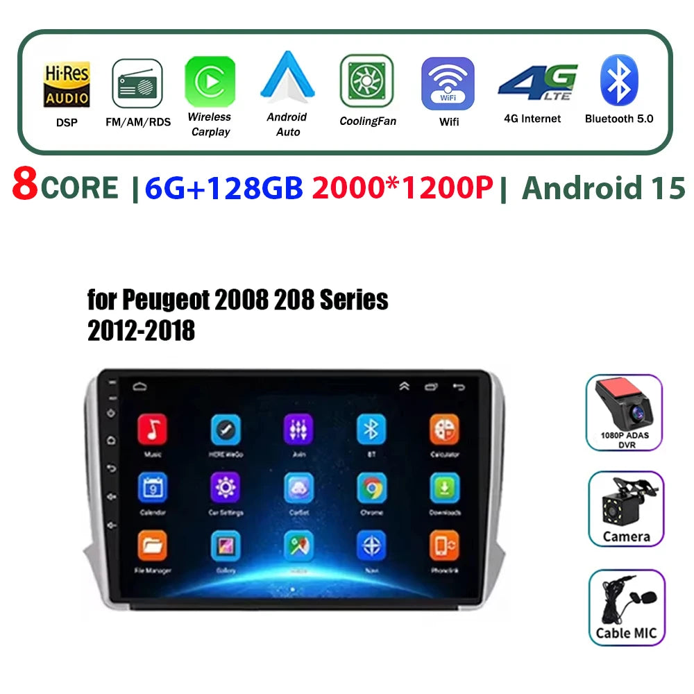Autoradio multimédia Android 16 pour Peugeot 2008 208 Série 2012-2018 Lecteur Navigation GPS CarPlay sans fil Radio DVD Unité principale